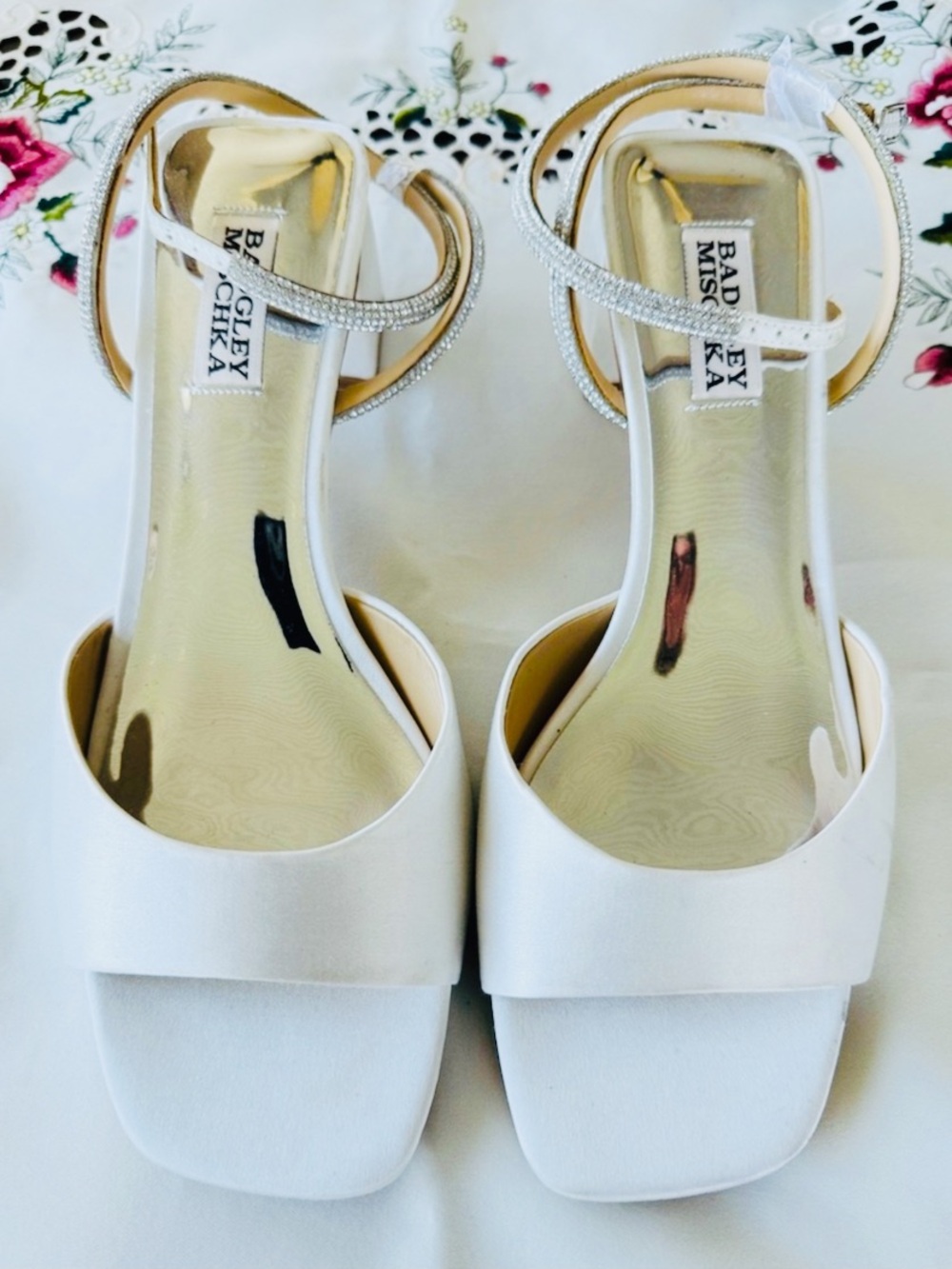 Badgley Mischka Infinity White Satin Block Heel Sandals.